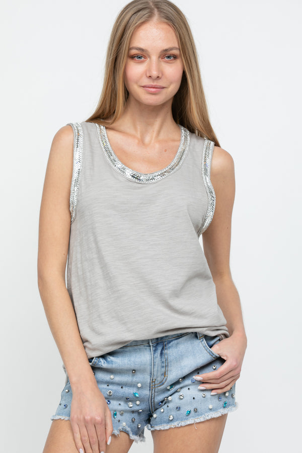 Sleeveless Vintage Bedazzled Round-Neck Top