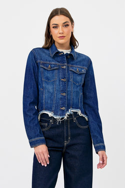 Dark Cropped Fitted Jean Jacket with Fray