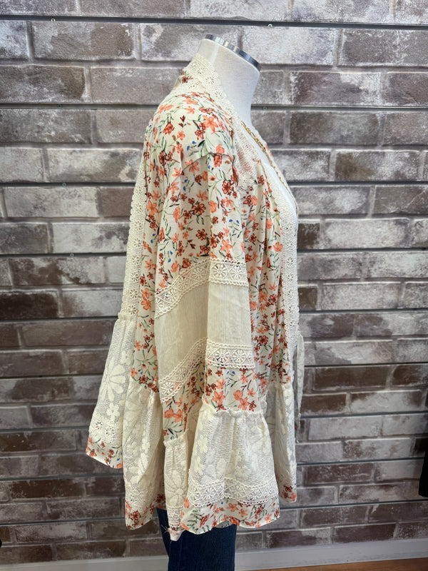 3/4 Flare Sleeve Floral Print Knit Open Cardigan