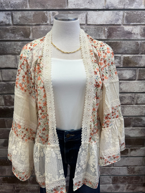 3/4 Flare Sleeve Floral Print Knit Open Cardigan