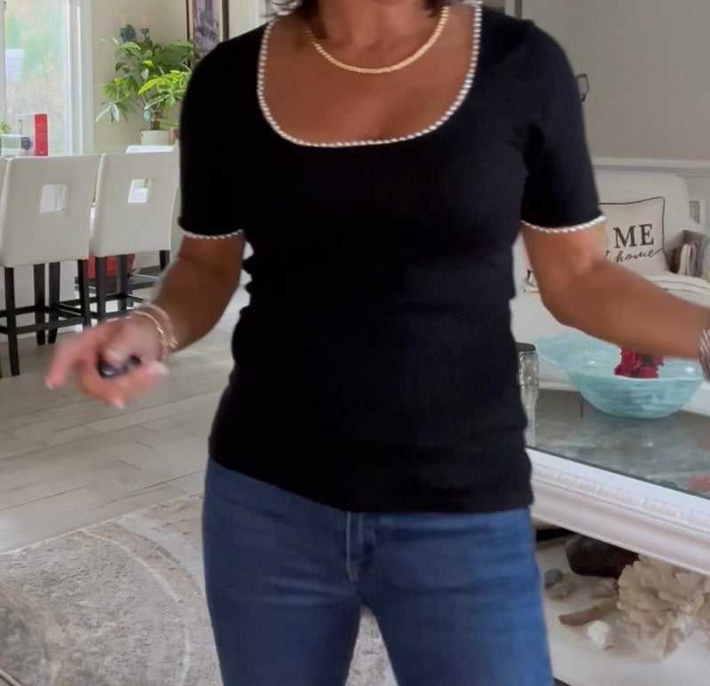 Pearl Embellished Short Sleeve Sweater- Black