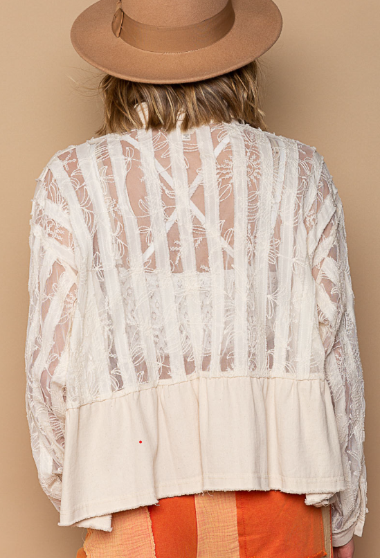 Sheer Lace & Twill Button Down Shirt