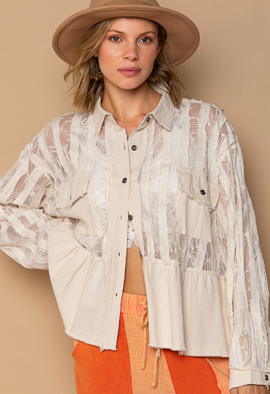 Sheer Lace & Twill Button Down Shirt