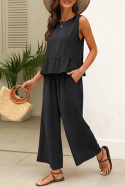 Ruffle Tank Top and Pants Set - Duffle Green