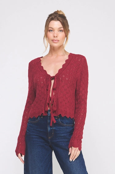 Pointelle Tie Cardigan with Scallop Edge