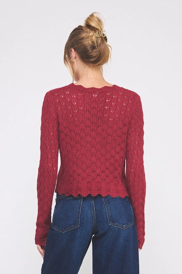 Pointelle Tie Cardigan with Scallop Edge