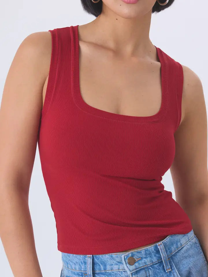 Klassy Chunky Binding Ribbed Square Neck Tank w/Built in Bra