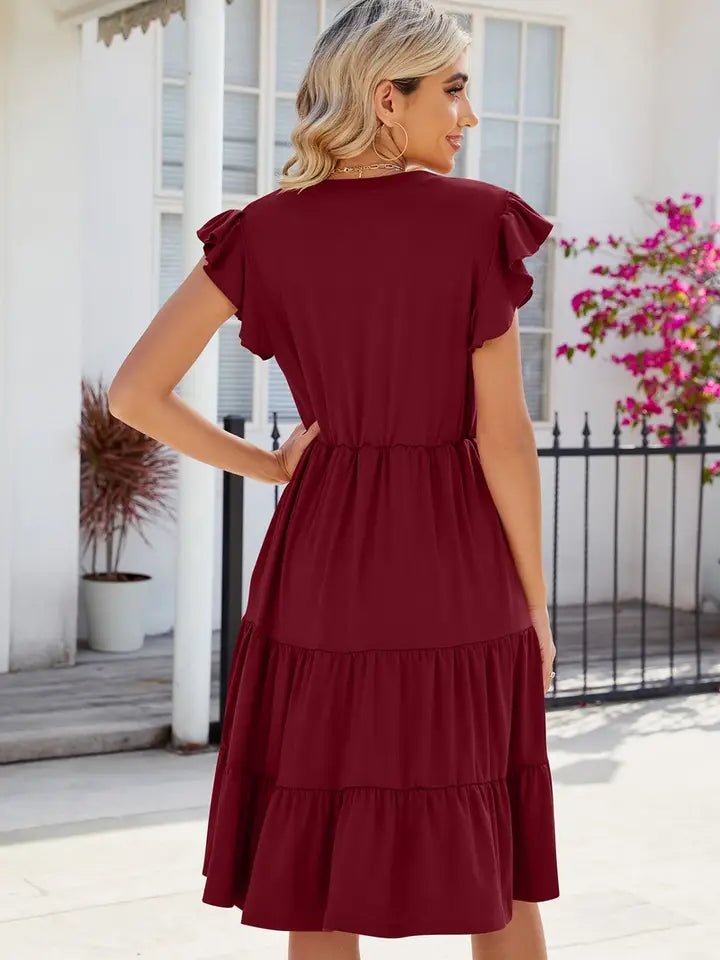 Wine-It-Up Ruffle Sleeve Red Dress