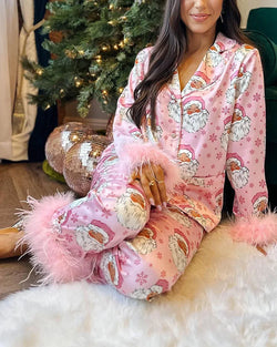 Pink Satin Prints Santa Clause 2pc Set