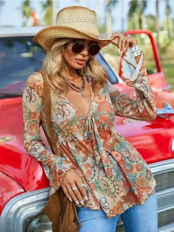 Western Printed Bell Sleeve Blouse