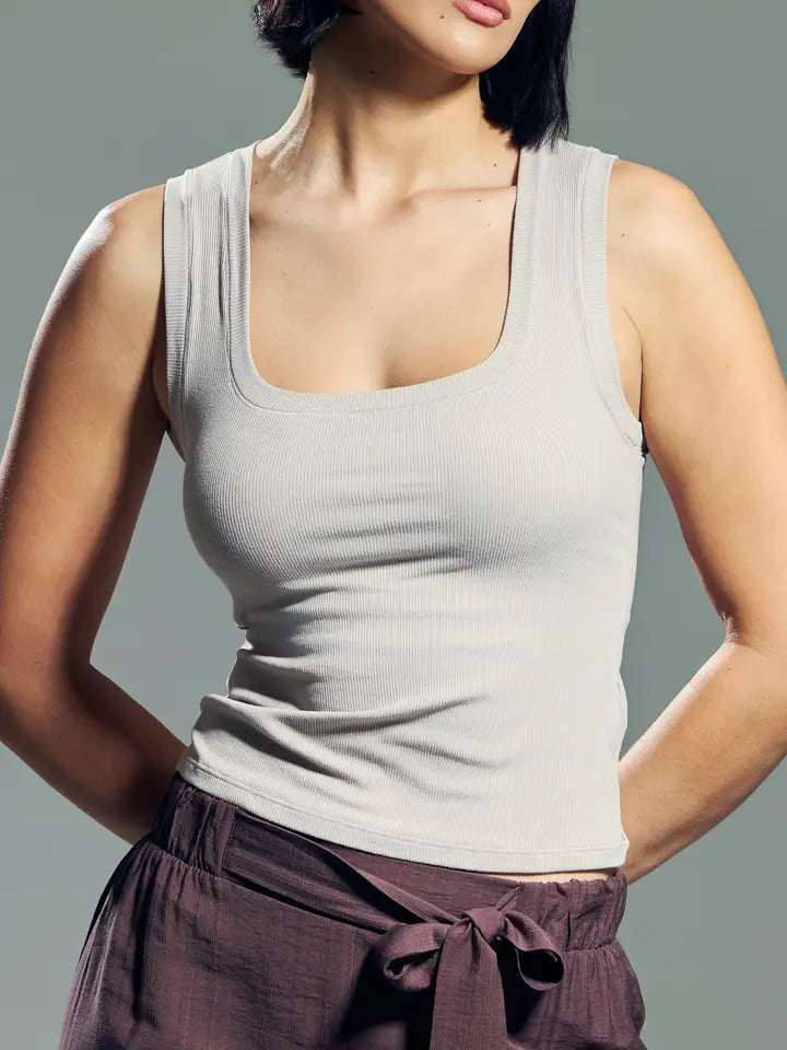 Klassy Chunky Binding Ribbed Square Neck Tank w/Built in Bra