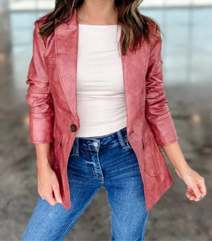 Faux Leather Ruched Sleeve Blazer