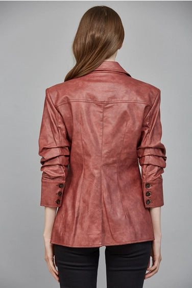 Faux Leather Ruched Sleeve Blazer