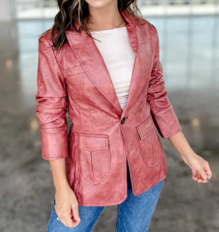 Faux Leather Ruched Sleeve Blazer