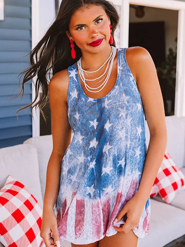 Blue Vintage Washed Flag Print Shift Tank Top