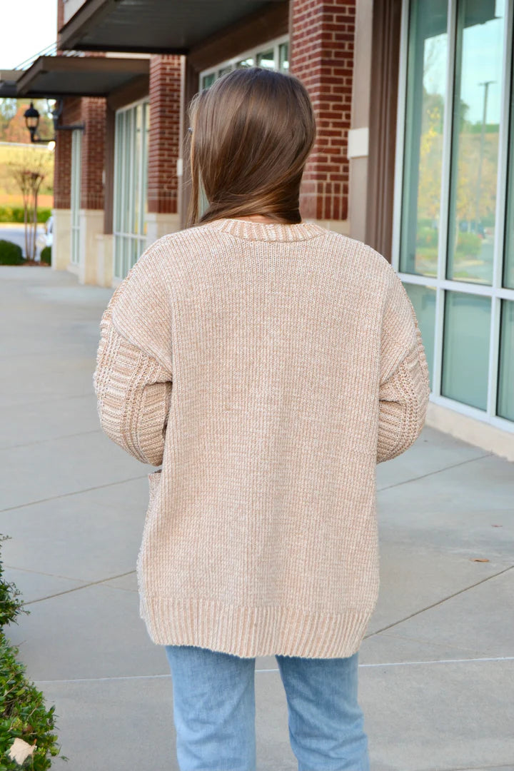 Two tone, cable knit Oversize Cardigan Sweater with Pockets