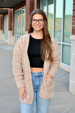 Two tone, cable knit Oversize Cardigan Sweater with Pockets