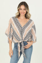 Nostalgia Printed Short Sleeve Tie Front Top