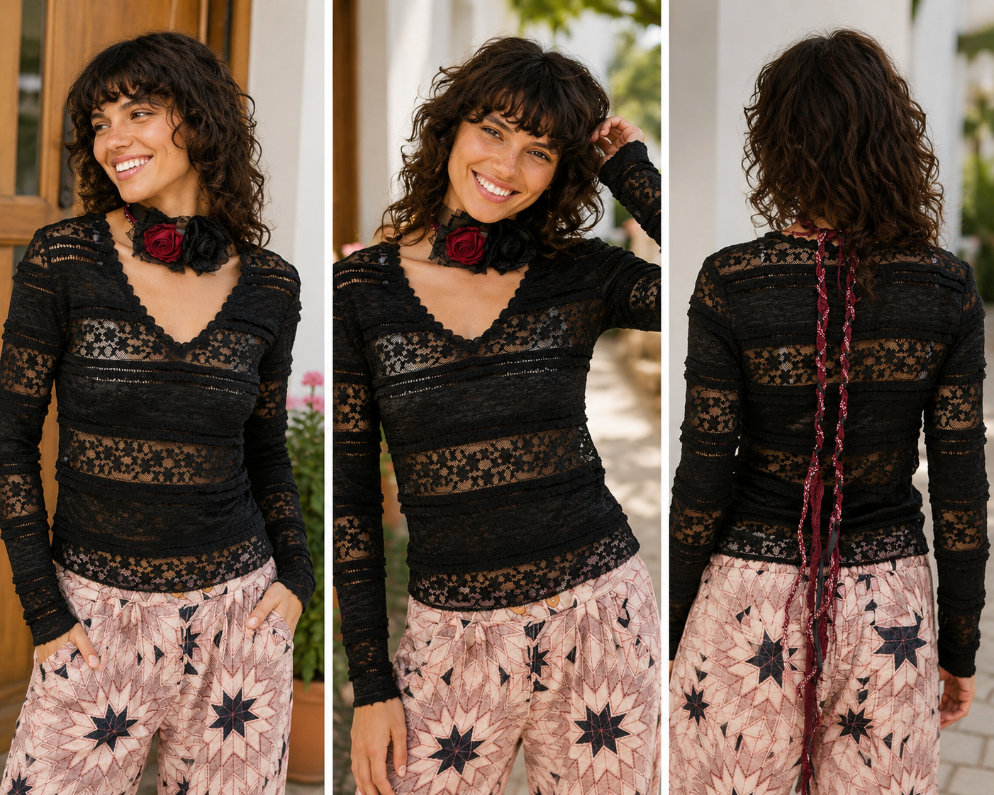 Midnight Romance Black Lace V-Neck Long Sleeve Top