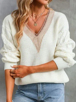 Allegra Crotchet Sleeve V Neck Sweater - Heritage-Boutique.com