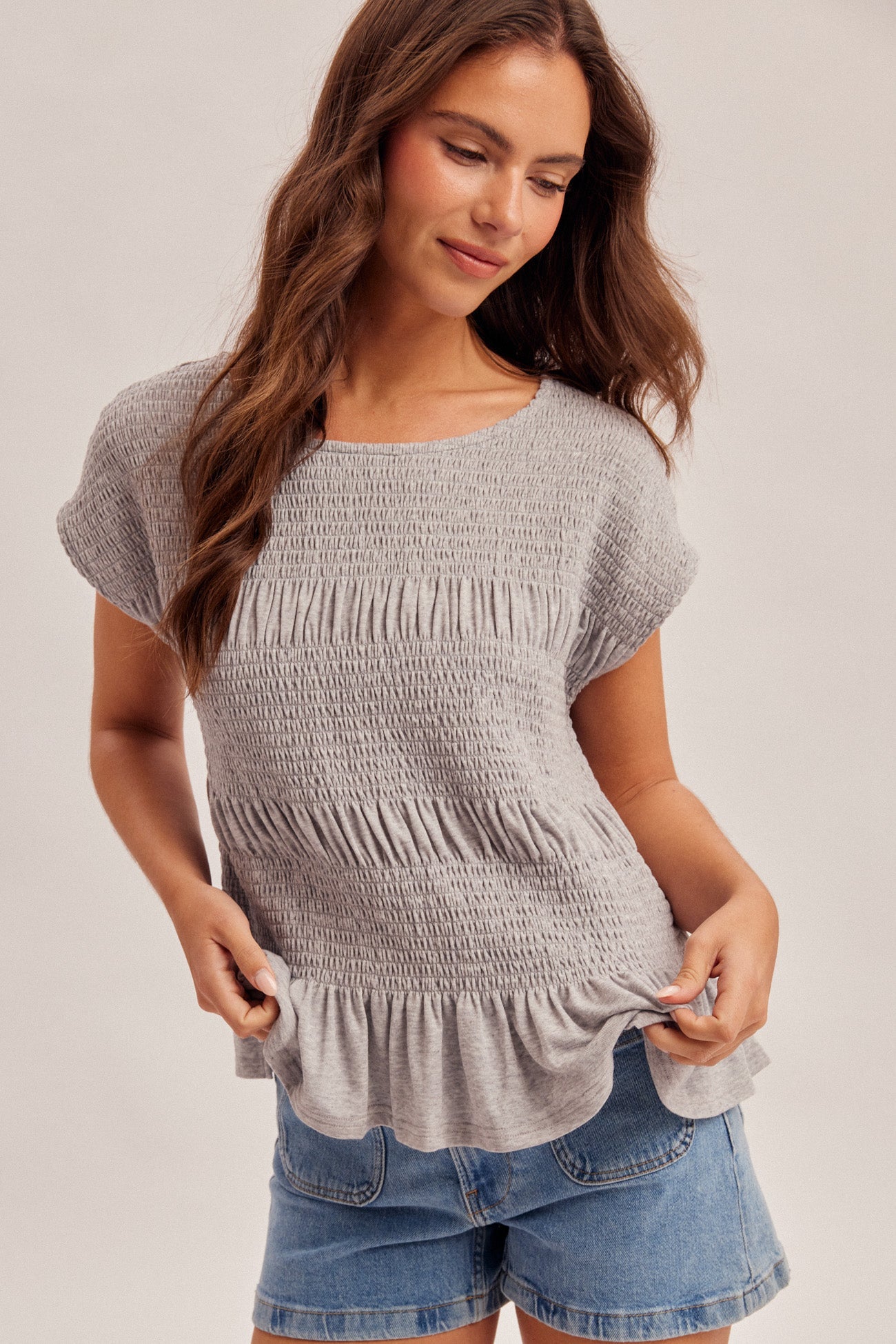Amalfi Lounge Smocked Peplum Top for Women – Lightweight Textured Babydoll Blouse with Ruffle Hem, Short Sleeve Summer Boutique Top - Heritage - Boutique.com