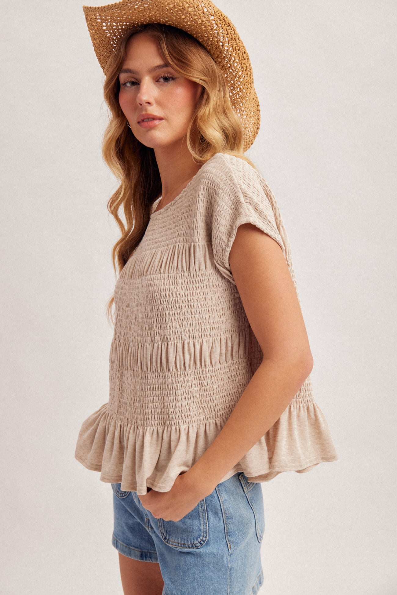 Amalfi Lounge Smocked Peplum Top for Women – Lightweight Textured Babydoll Blouse with Ruffle Hem, Short Sleeve Summer Boutique Top - Heritage - Boutique.com