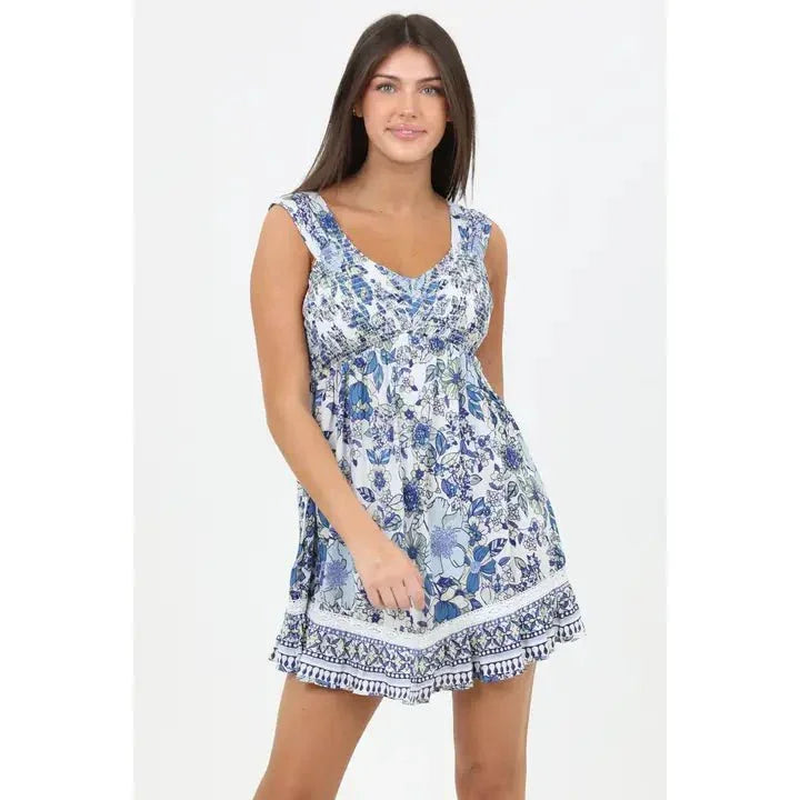 Angie Blue and White Floral Smocked Dress Large