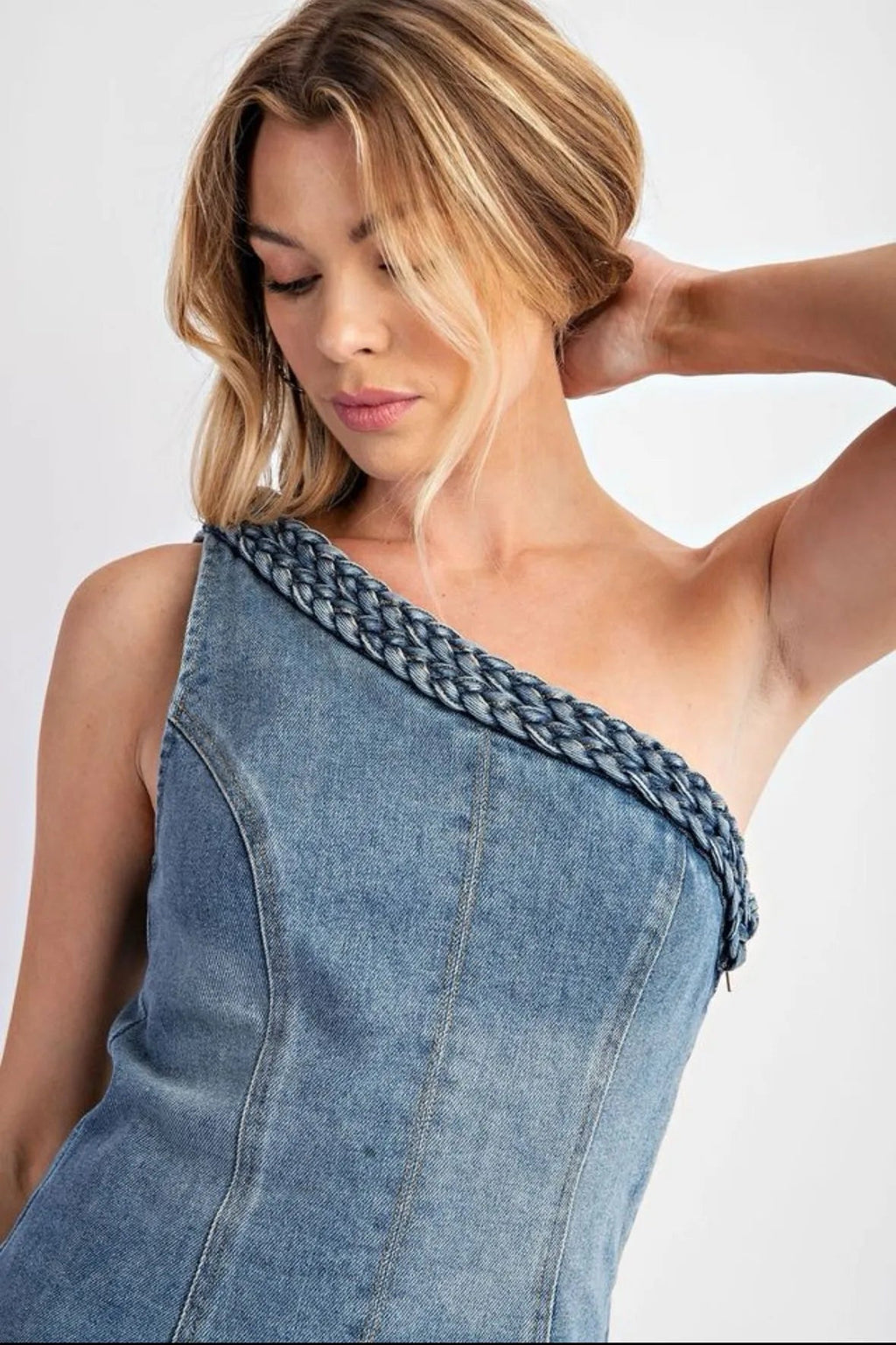 Asymmetrical Denim Mini Dress - Heritage - Boutique.com