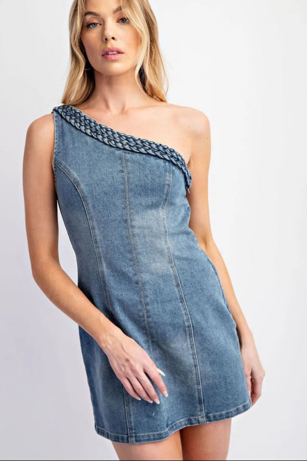 Asymmetrical Denim Mini Dress - Heritage - Boutique.com