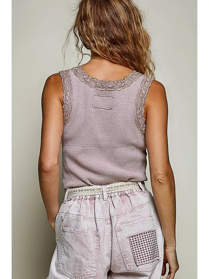 Vintage Romance Lace Trim Thermal V-Neck Tank