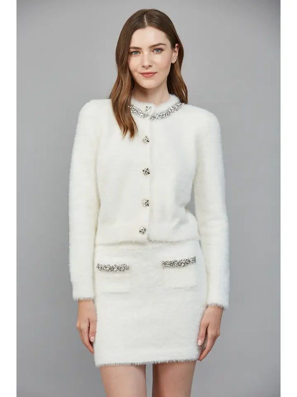 Rhinestone Embellished Fuzzy Knit Cardigan
