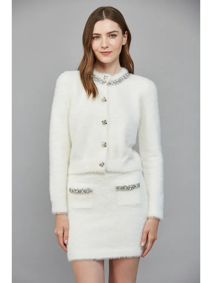 Rhinestone Embellished Fuzzy Knit Cardigan