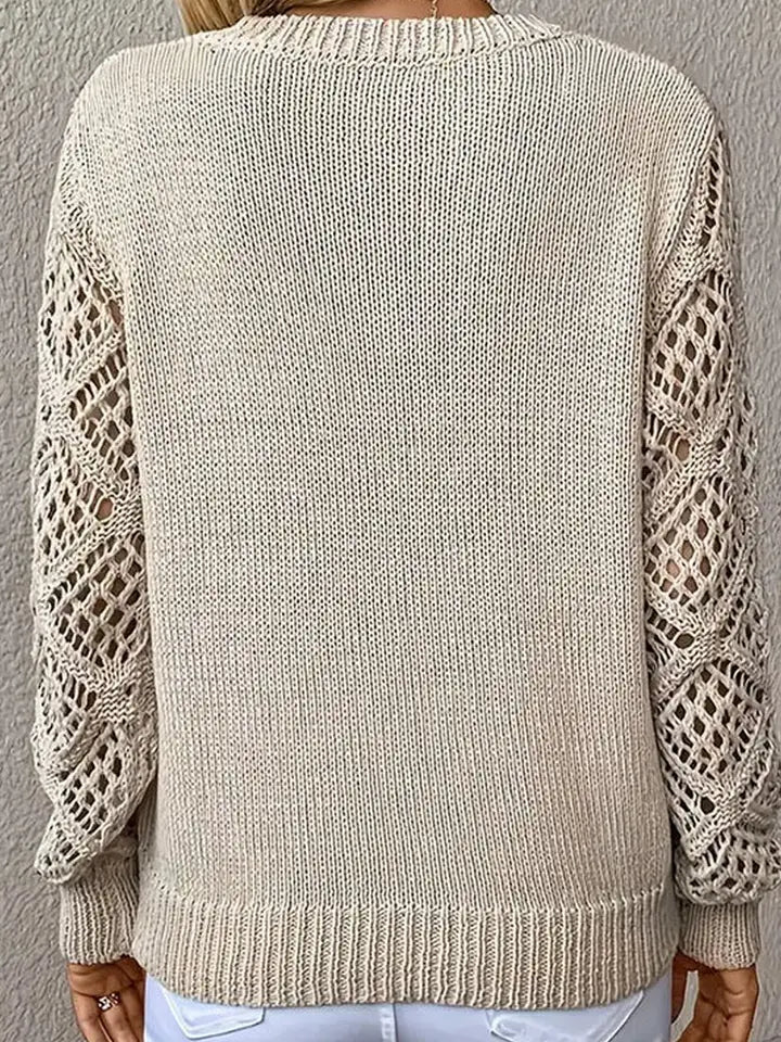 Beige Crotchet Sleeve V - Neck Sweater - Heritage - Boutique.com