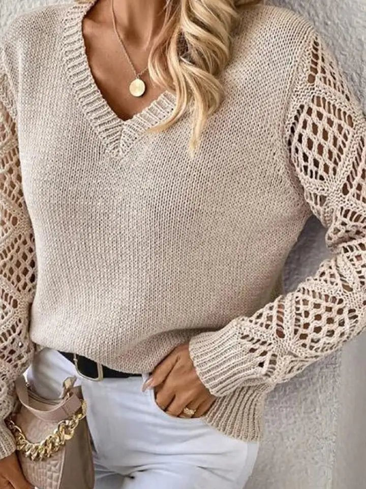 Beige Crotchet Sleeve V - Neck Sweater - Heritage - Boutique.com