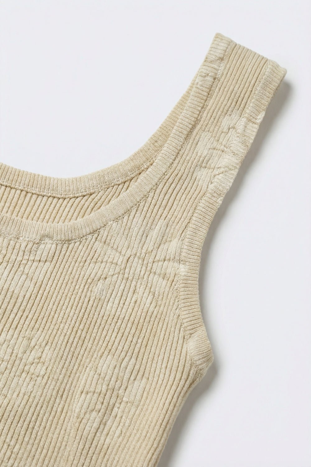 Beige Floral Embroidered Knit Tank Top for Women – Ribbed Sleeveless Scoop Neck Summer Top, Feminine Lightweight Layering Camisole - Heritage - Boutique.com