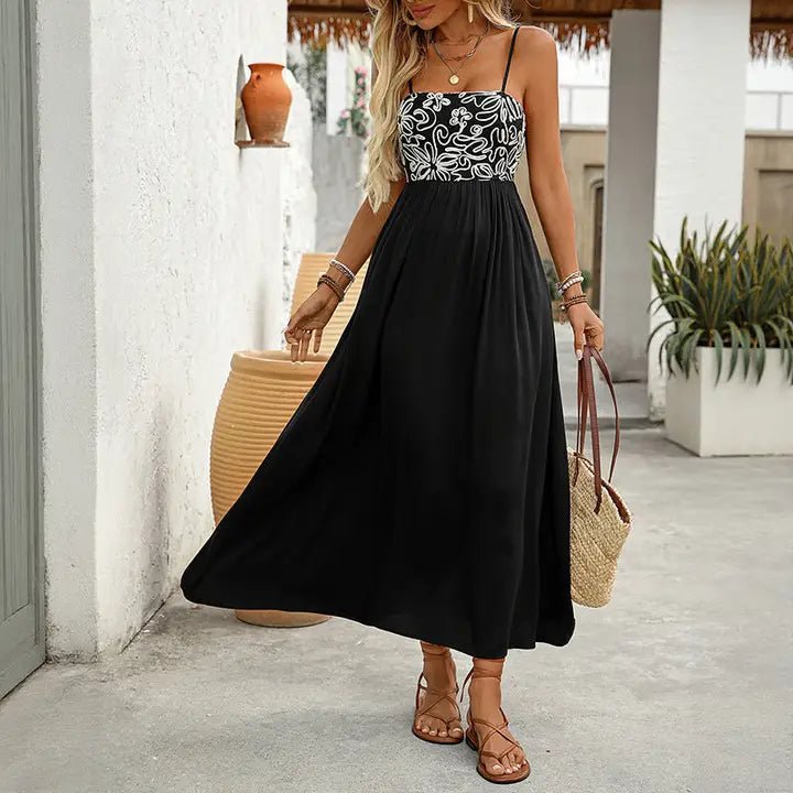 Black Boho Sleeveless Floral Smocked Midi Dress with Spaghetti Straps - Heritage - Boutique.com