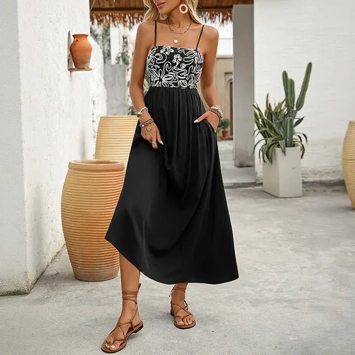 Black Boho Sleeveless Floral Smocked Midi Dress with Spaghetti Straps - Heritage - Boutique.com