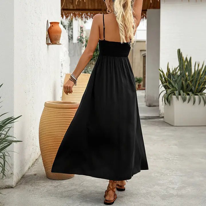 Black Boho Sleeveless Floral Smocked Midi Dress with Spaghetti Straps - Heritage - Boutique.com