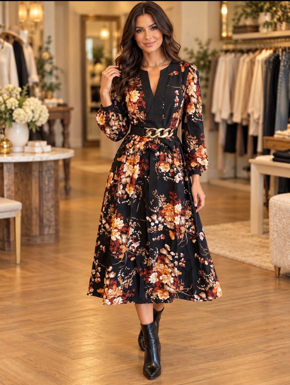 Black Floral V-Neck Dress - Heritage-Boutique.com