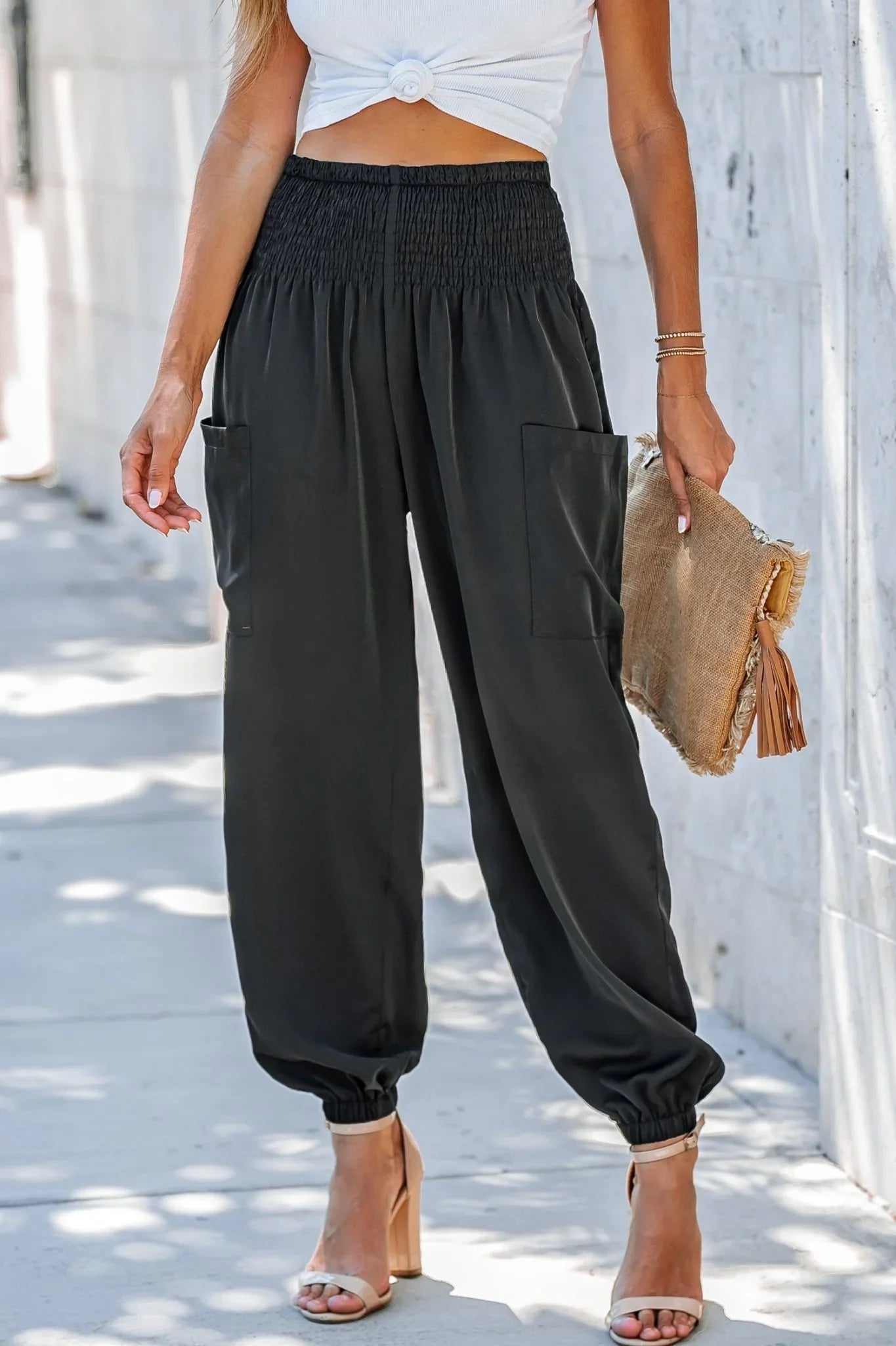 Black Smocked High Waist Joggers - Heritage - Boutique.com