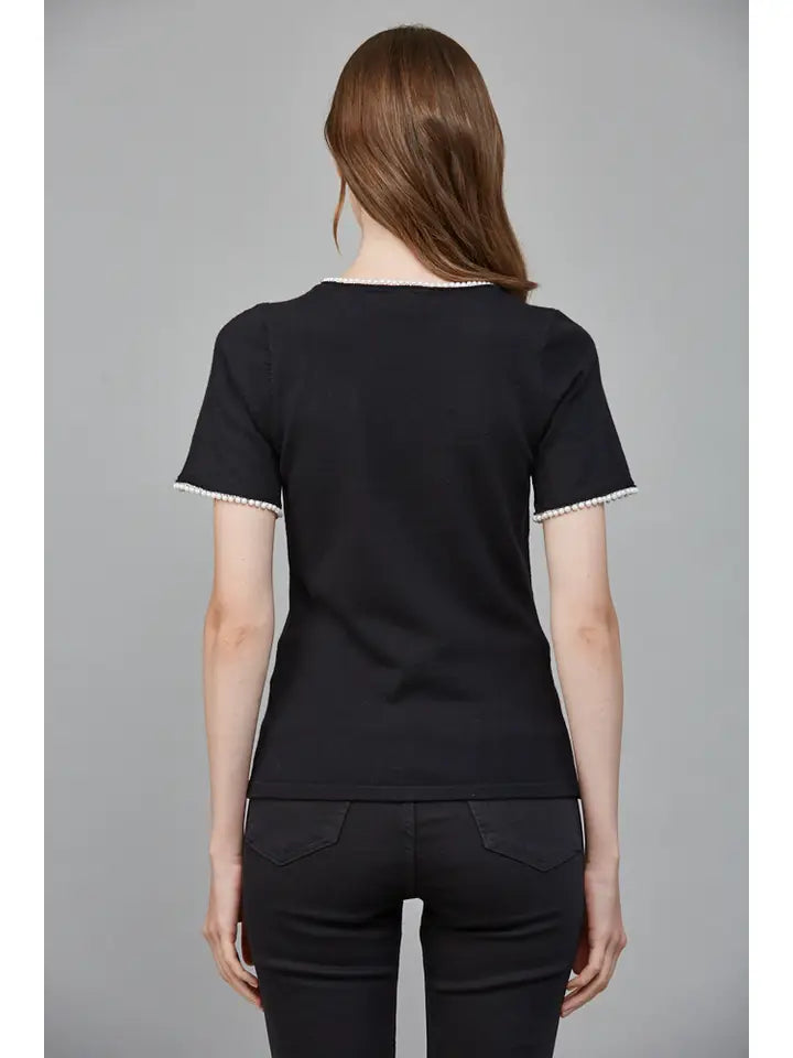 Pearl Embellished Short Sleeve Sweater- Black