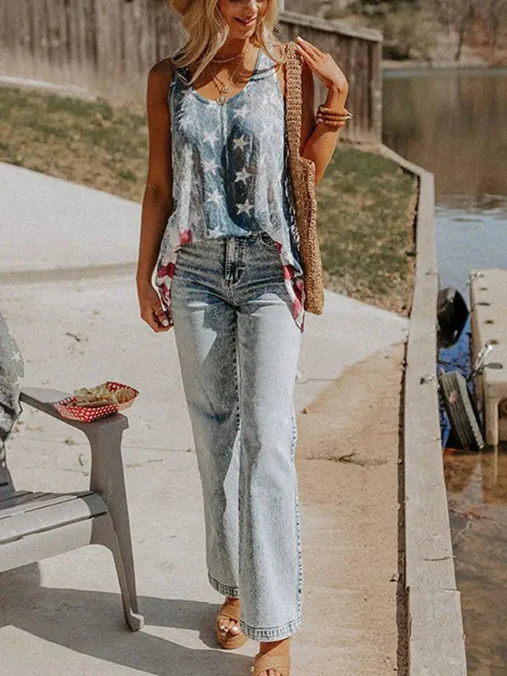 Blue Vintage Washed Flag Print Shift Tank Top - Heritage - Boutique.com