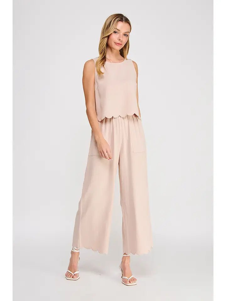 Blush Breeze Scallop Hem Linen Blend Wide Leg Pants - Heritage - Boutique.com