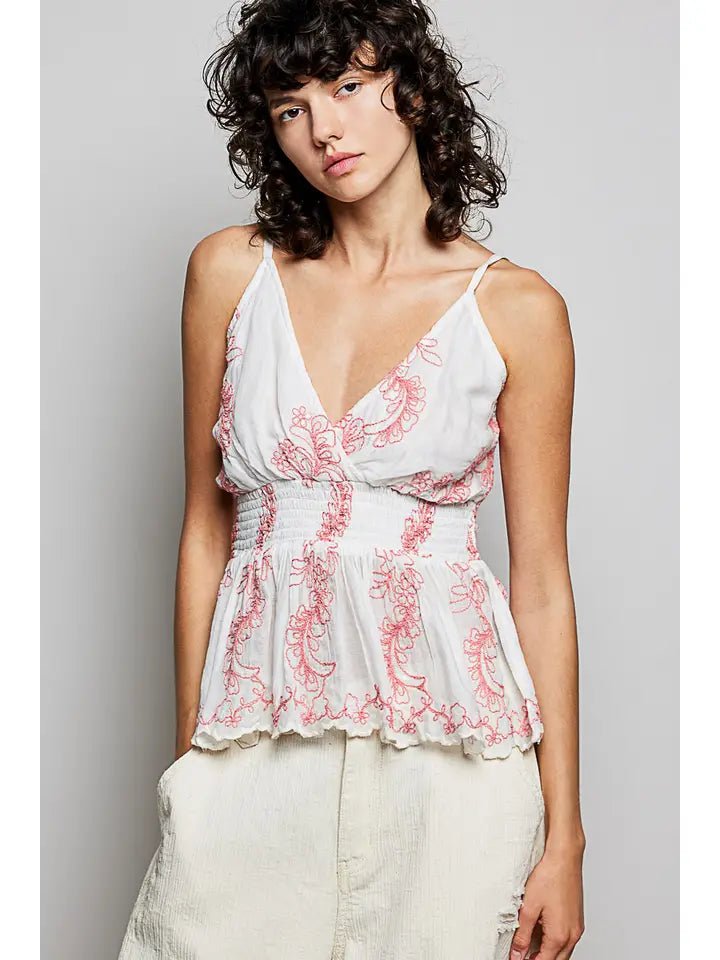 Blush Garden Embroidered Smocked Peplum Top – Feminine Sleeveless V - Neck Tank - Heritage - Boutique.com