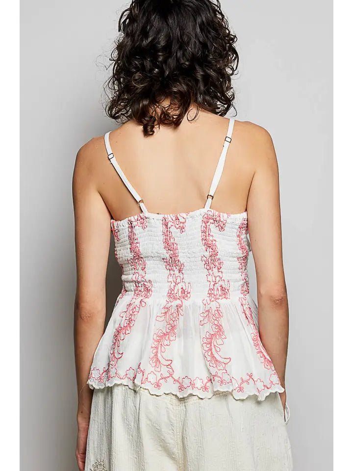 Blush Garden Embroidered Smocked Peplum Top – Feminine Sleeveless V - Neck Tank - Heritage - Boutique.com