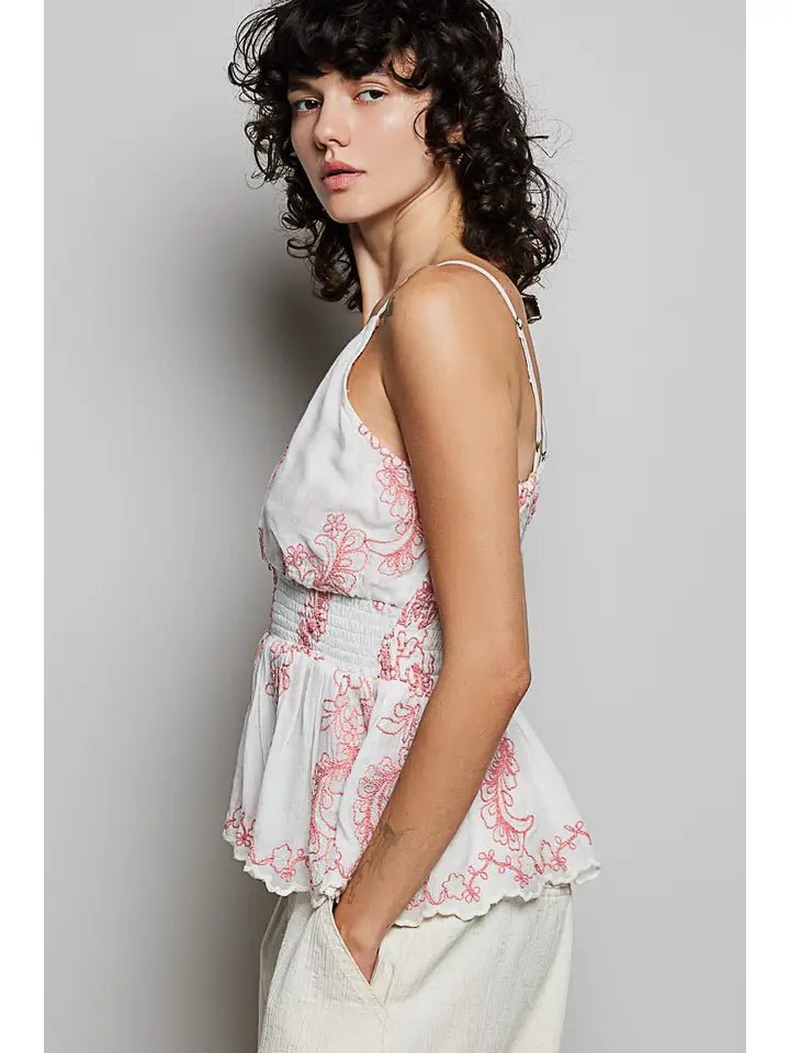Blush Garden Embroidered Smocked Peplum Top – Feminine Sleeveless V - Neck Tank - Heritage - Boutique.com