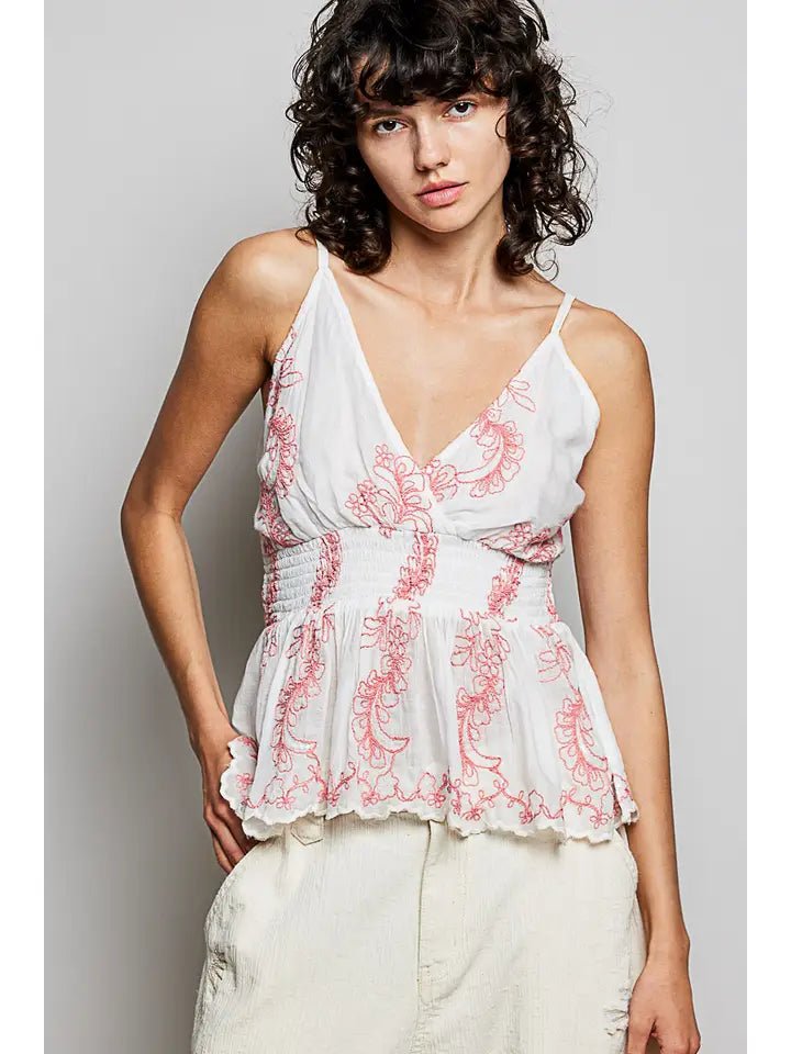 Blush Garden Embroidered Smocked Peplum Top – Feminine Sleeveless V - Neck Tank - Heritage - Boutique.com