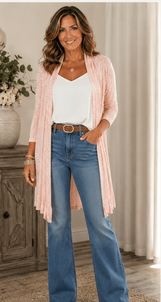 Blush Speckled Open Front Lightweight Cardigan – Women's Soft Layering Duster - Heritage-Boutique.com