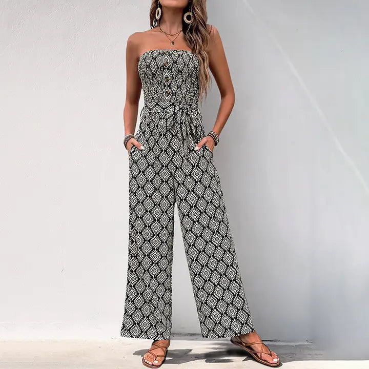 Bohemian Print Smocked Strapless Jumpsuit