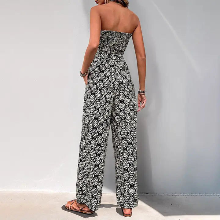 Bohemian Print Smocked Strapless Jumpsuit